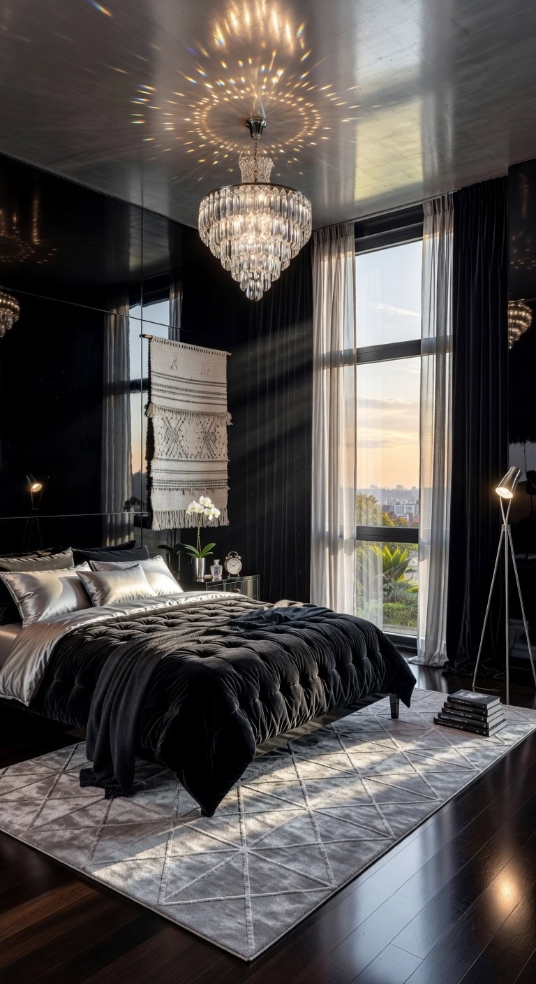 glossy black silver bedroom
