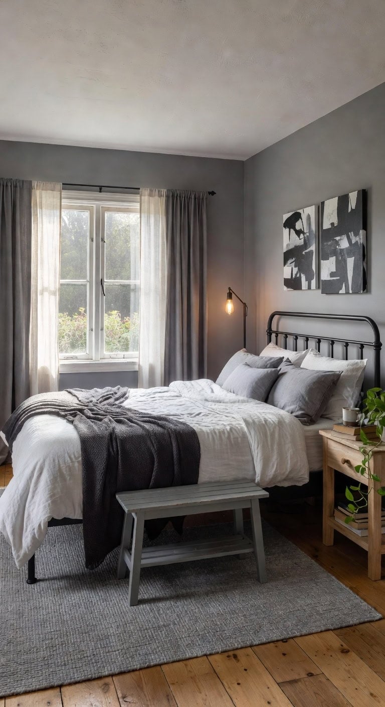 grey accent cottage bedroom