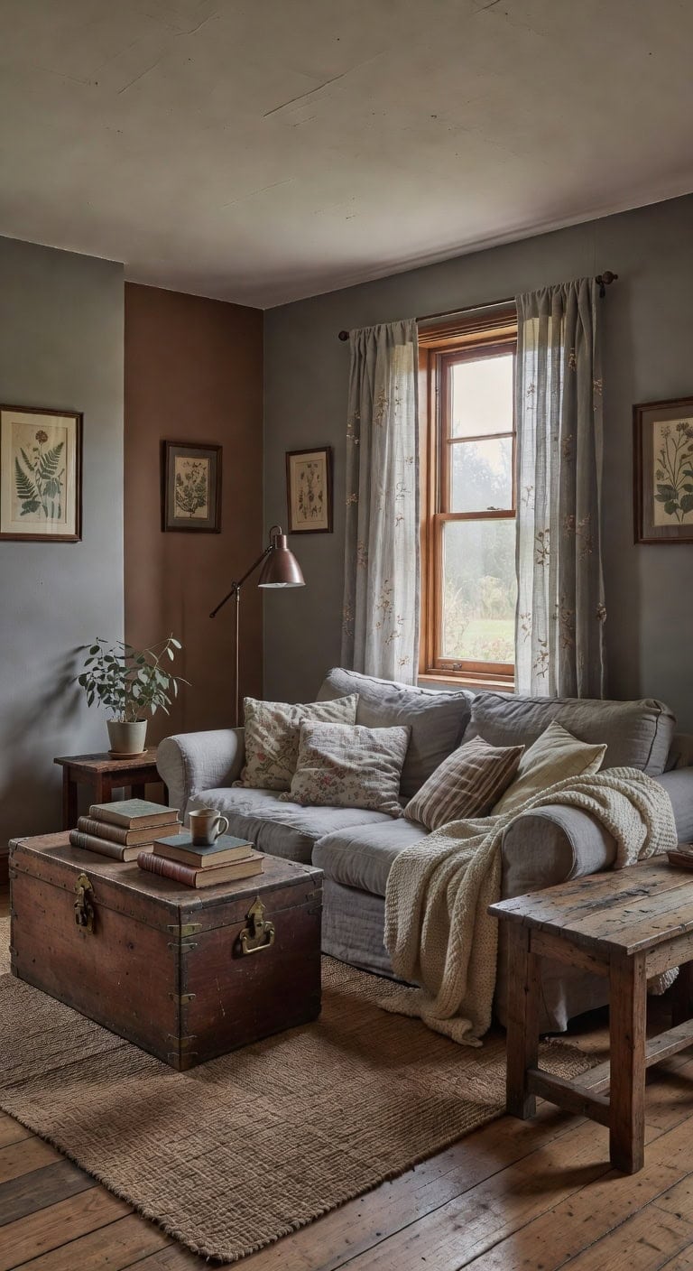 grey brown farmhouse living room
