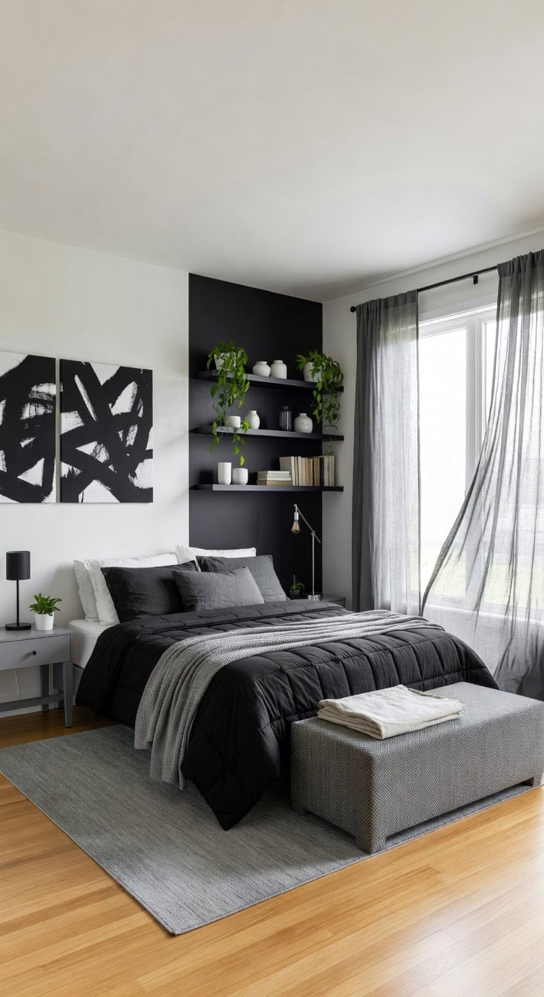 grey curtains black shelves