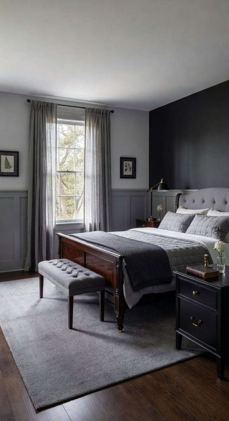 grey wainscoting mahogany accents