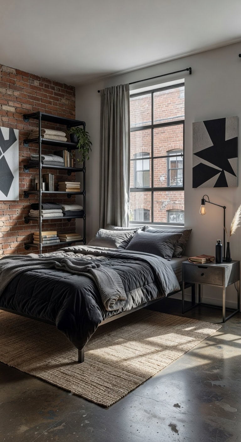 industrial bedroom with black piping