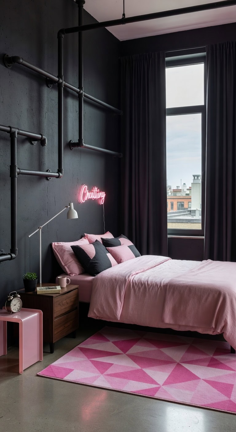 industrial bedroom with pink neon