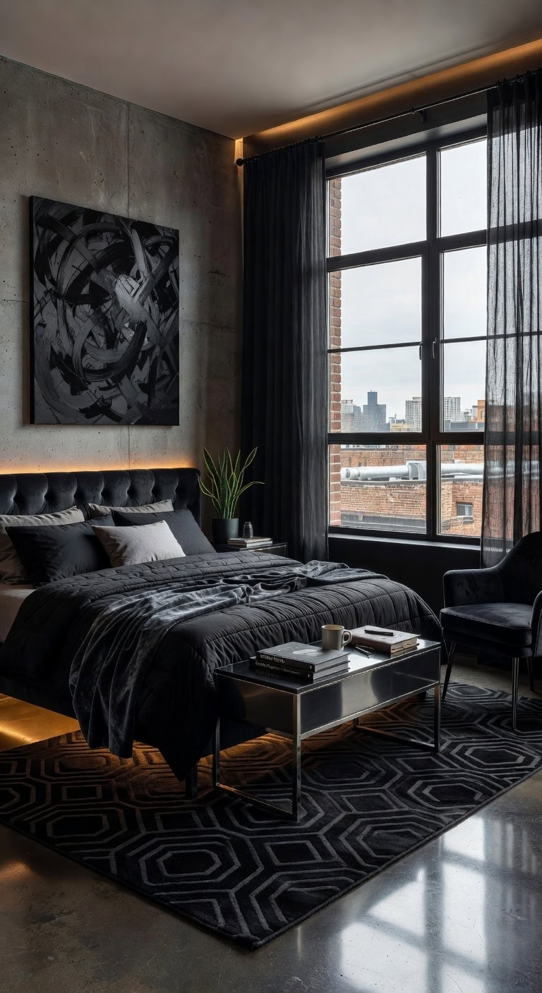 industrial black loft bedroom