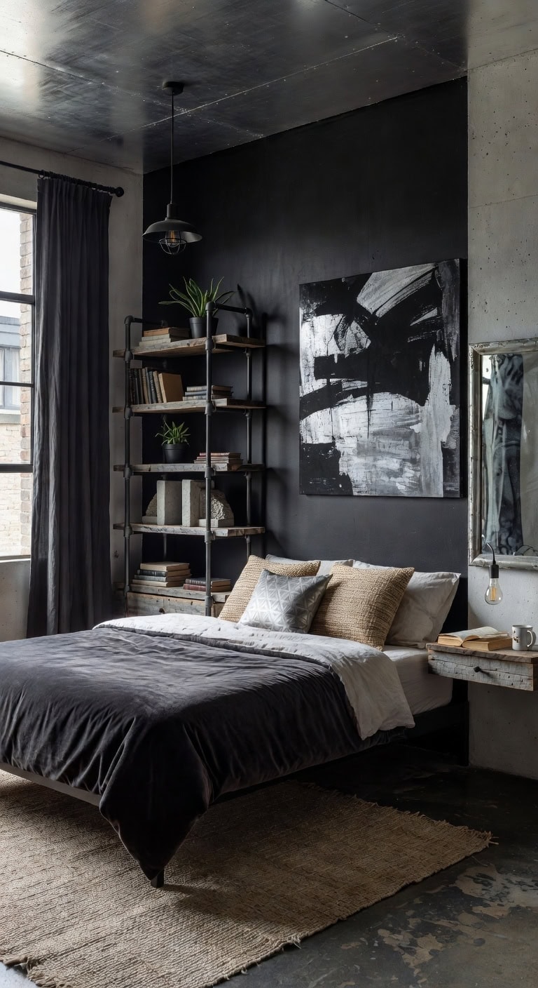industrial black silver bedroom