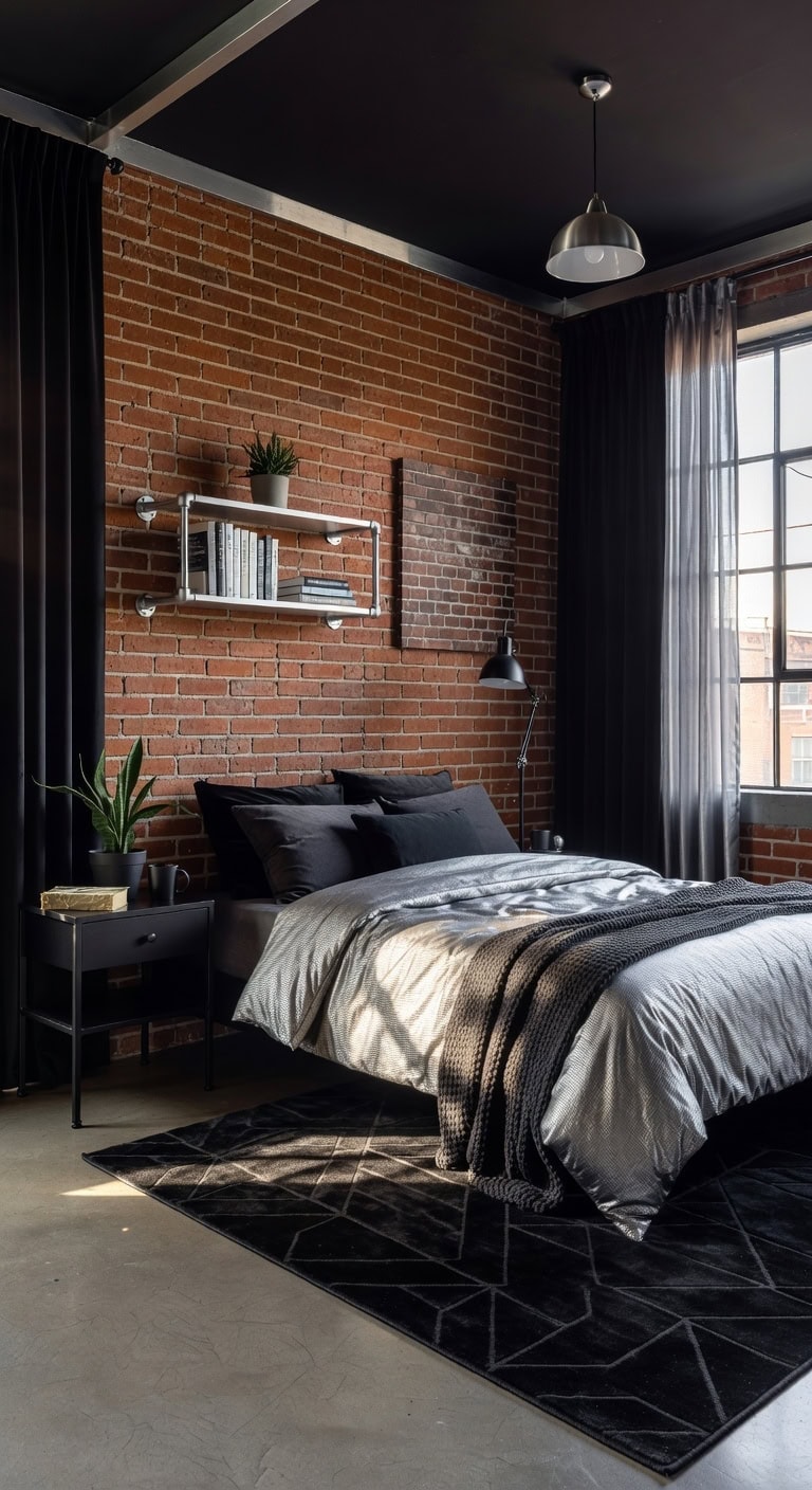 industrial black silver loft bedroom
