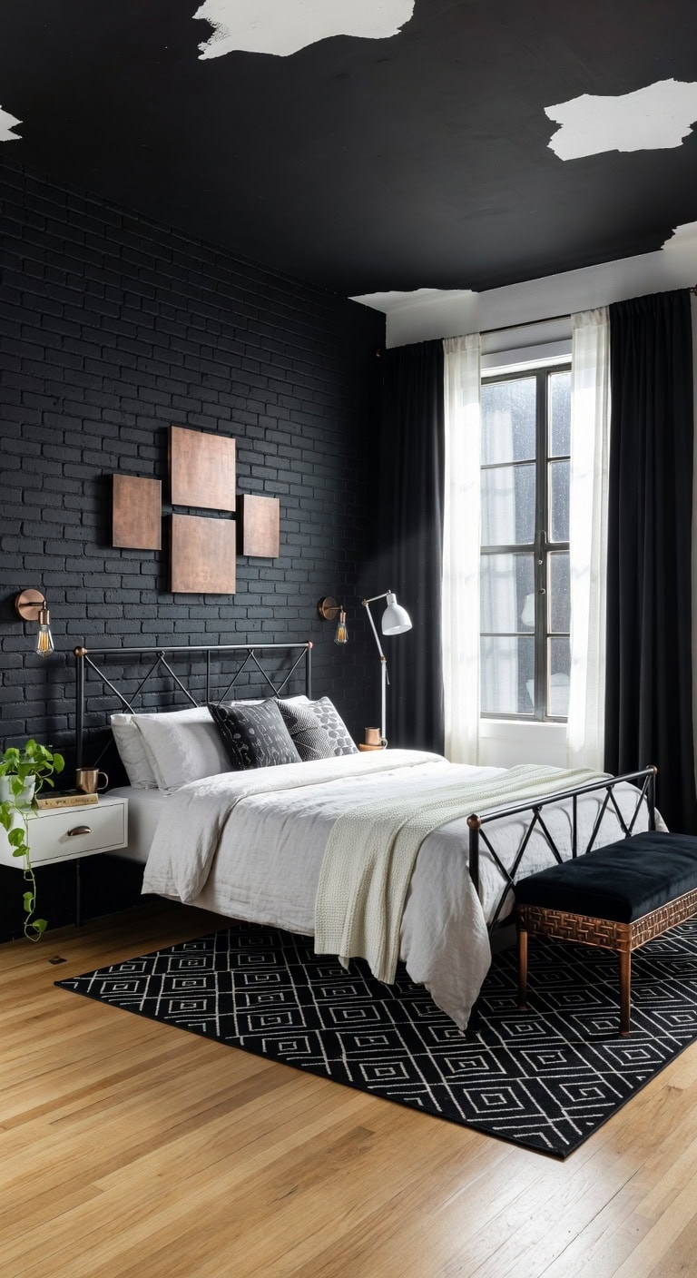 industrial black white bedroom