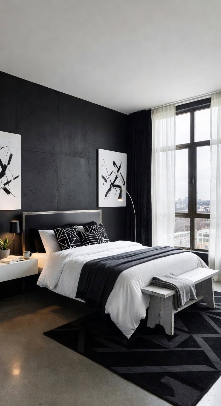 industrial black white bedroom