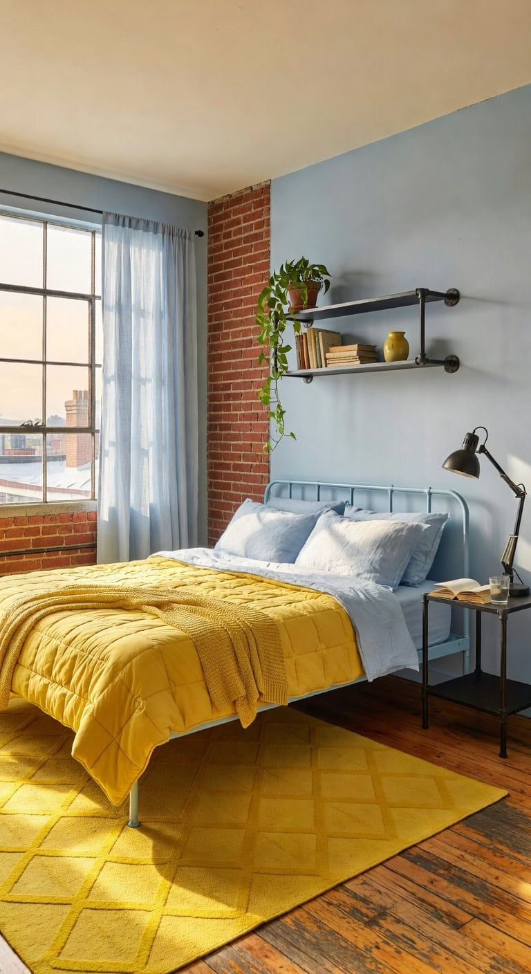 industrial blue yellow bedroom