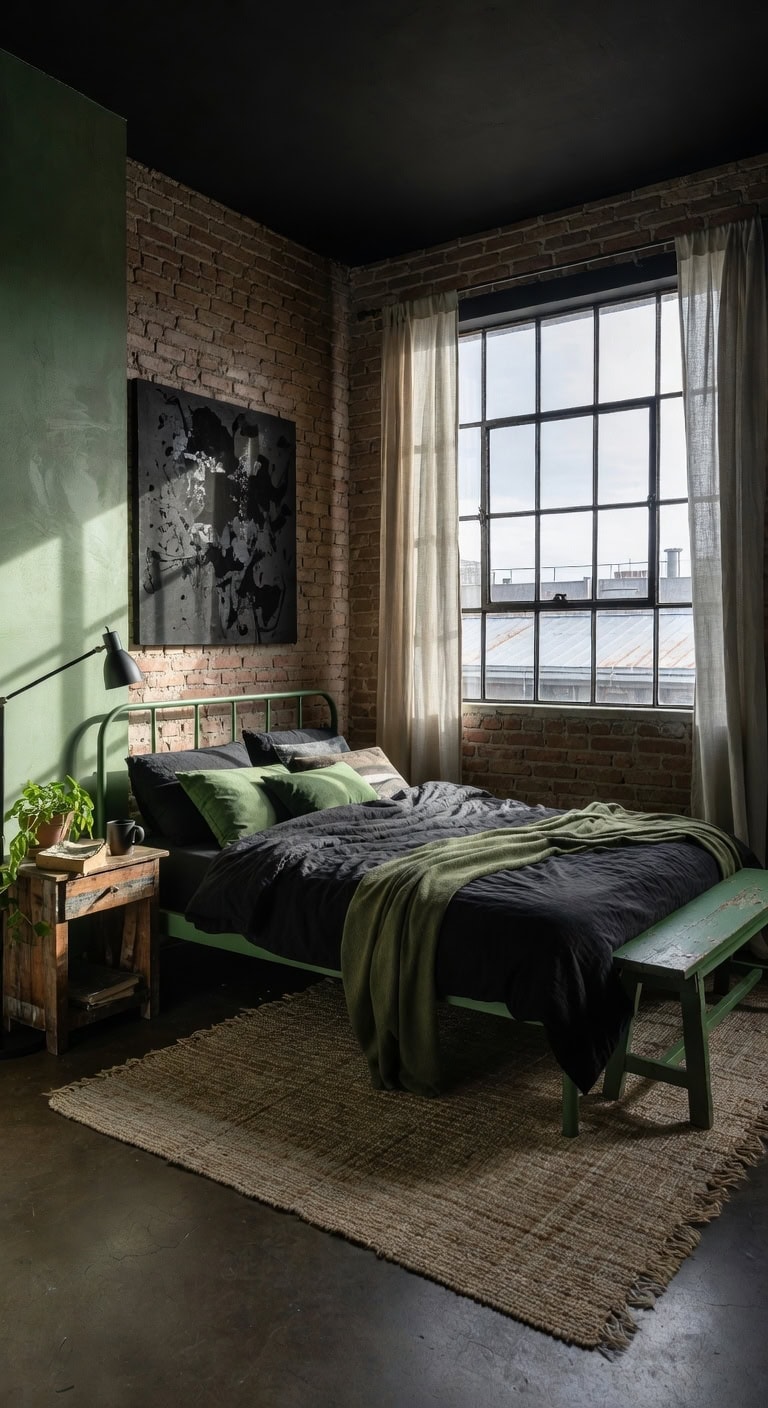 industrial green black bedroom
