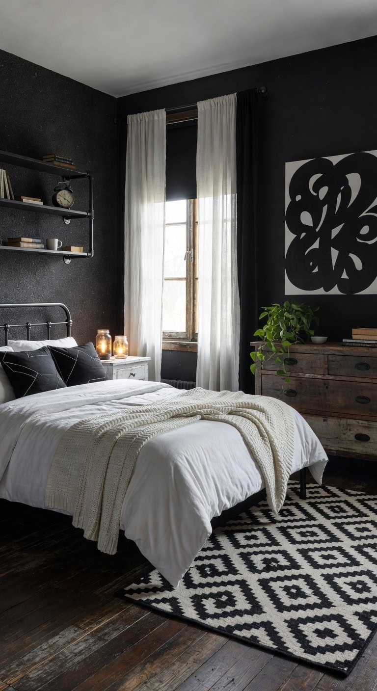 industrial monochrome bedroom retreat
