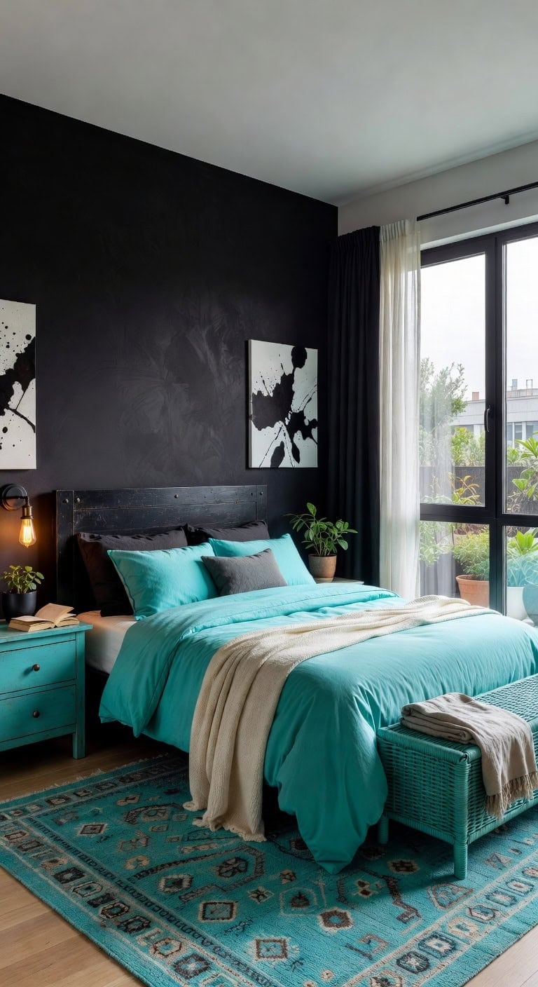 ink stained turquoise bedroom