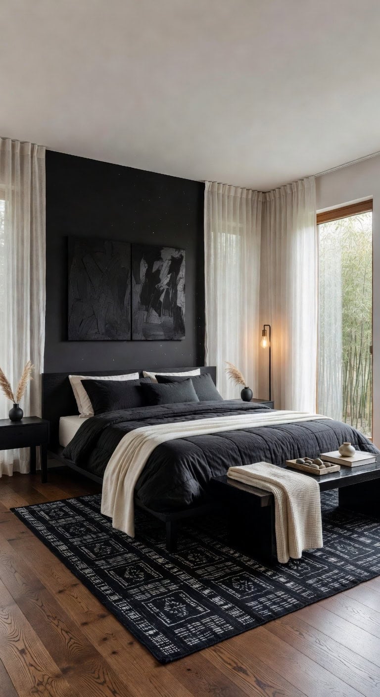japandi bedroom with black shibori