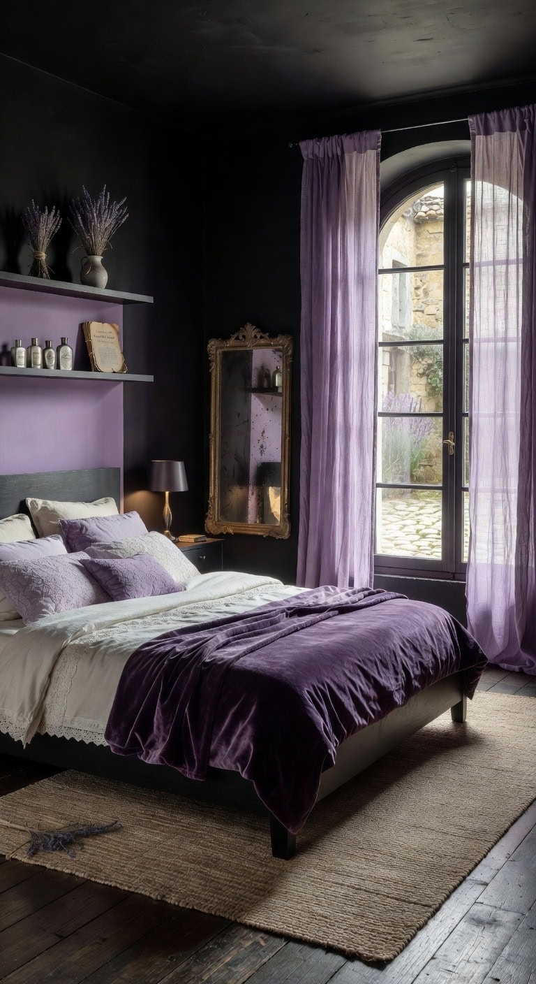 lavender laced black bedroom