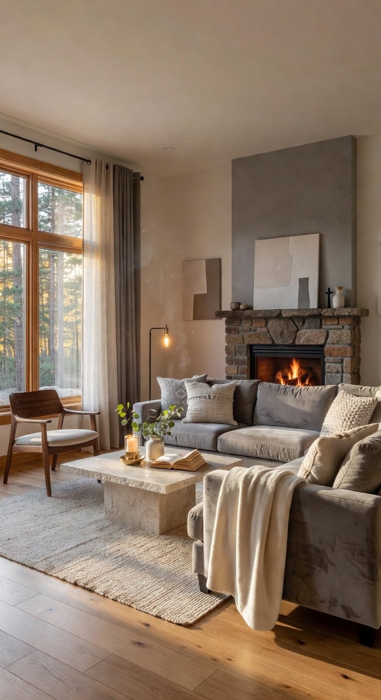 lodge inspired grey cream livingroom
