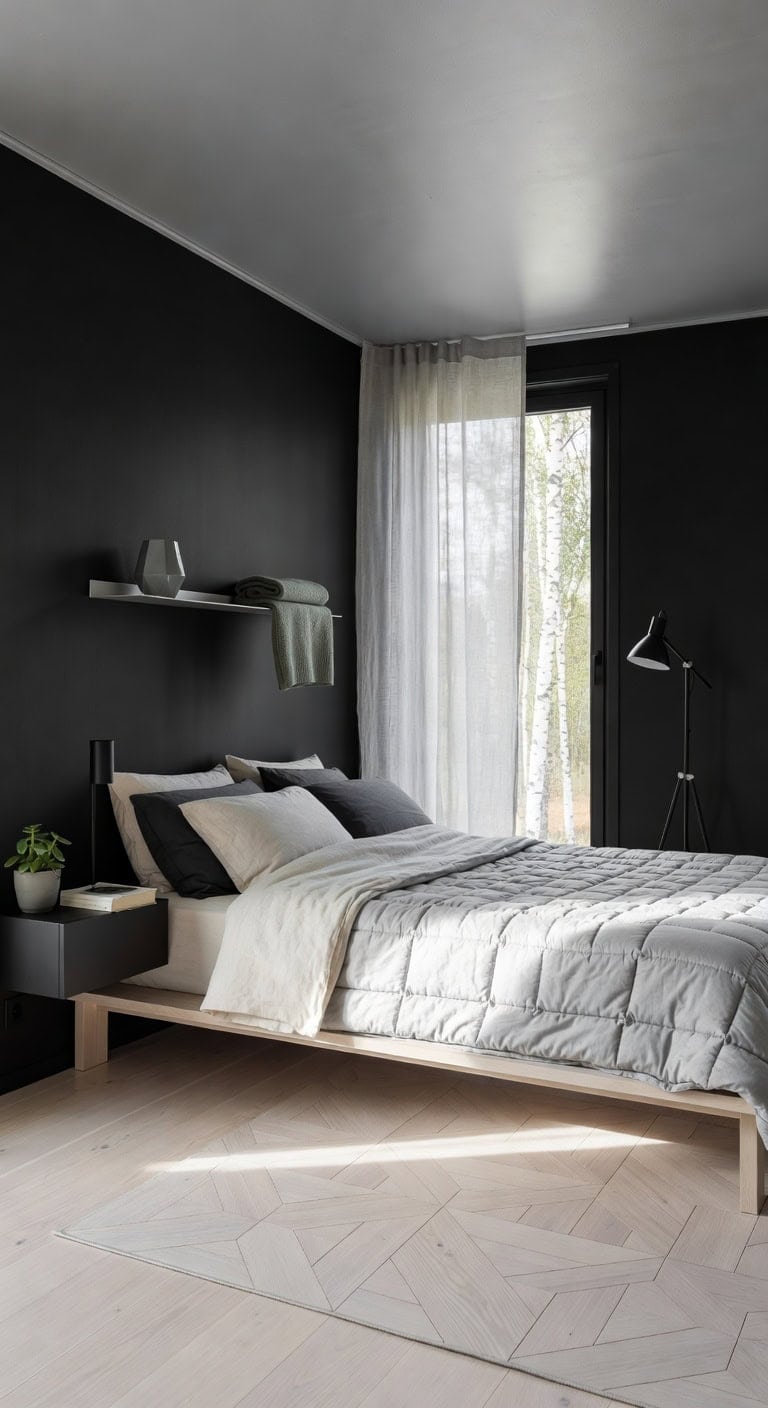 matte black scandinavian bedroom