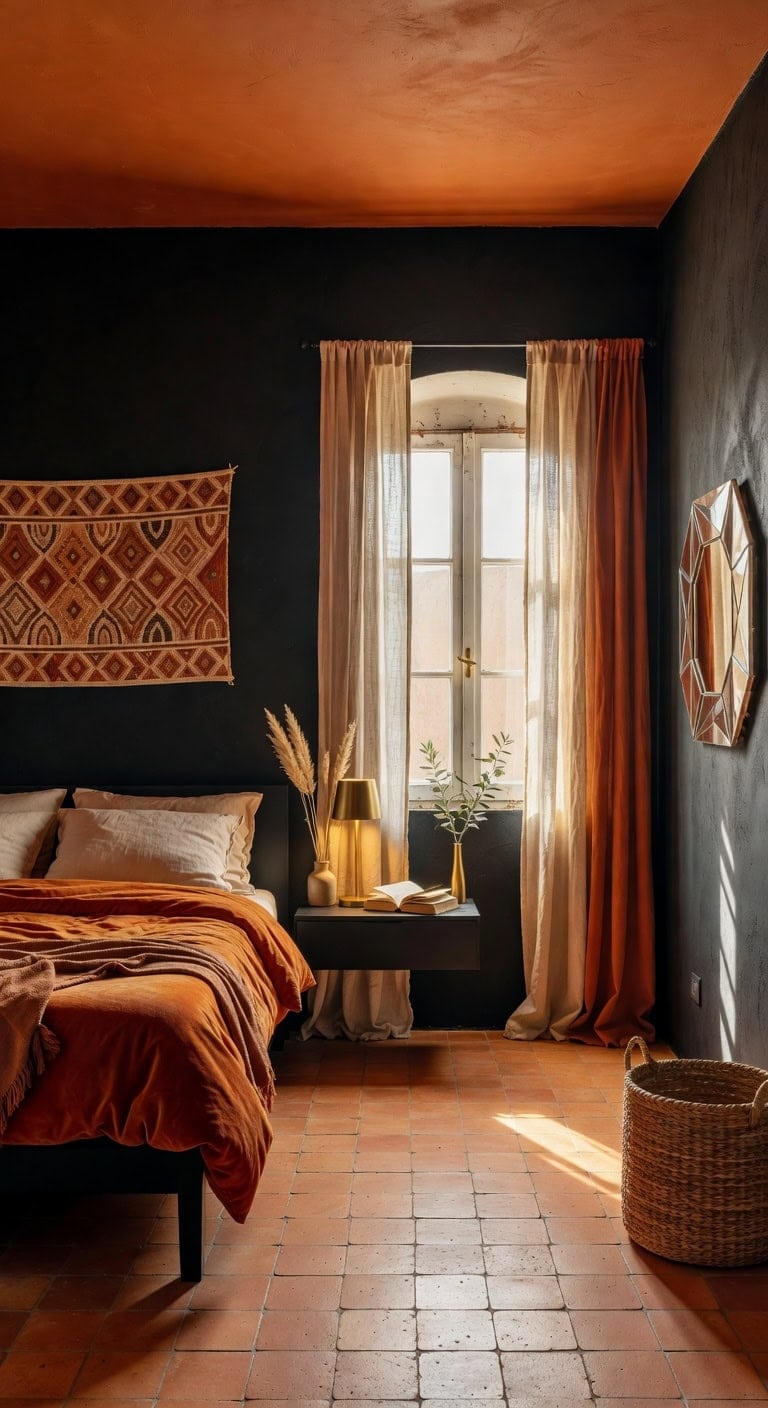 mediterranean black orange bedroom