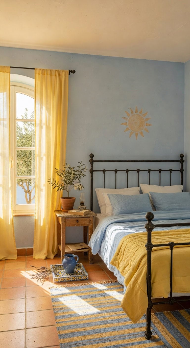 mediterranean blue yellow bedroom