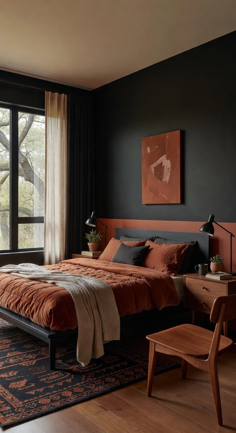 mid century black rust bedroom