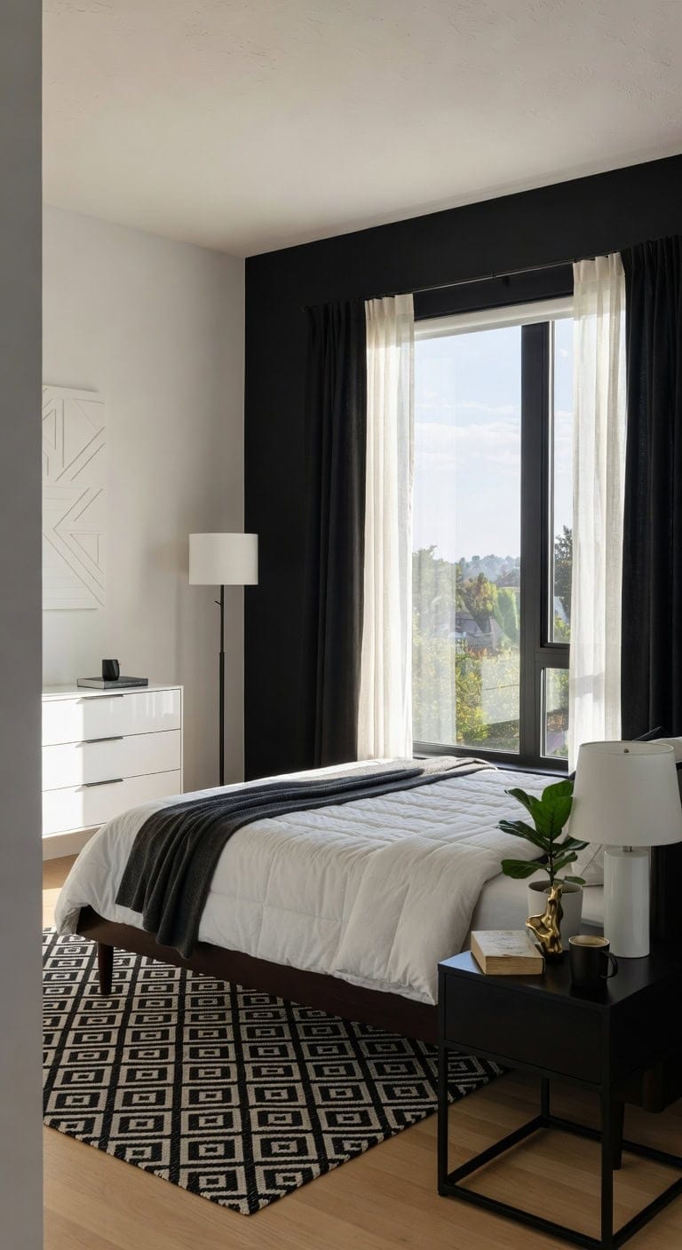 mid century black white bedroom