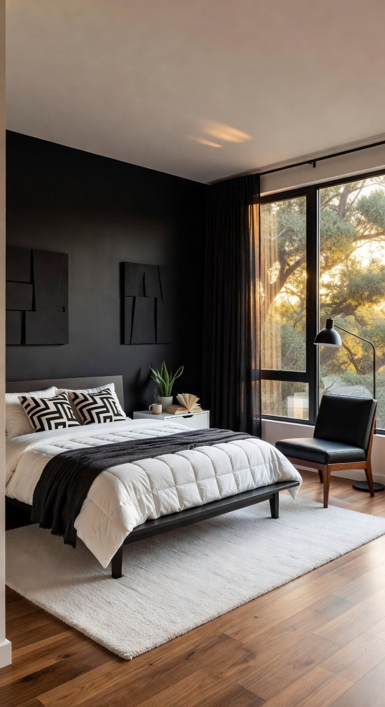 mid century black white bedroom