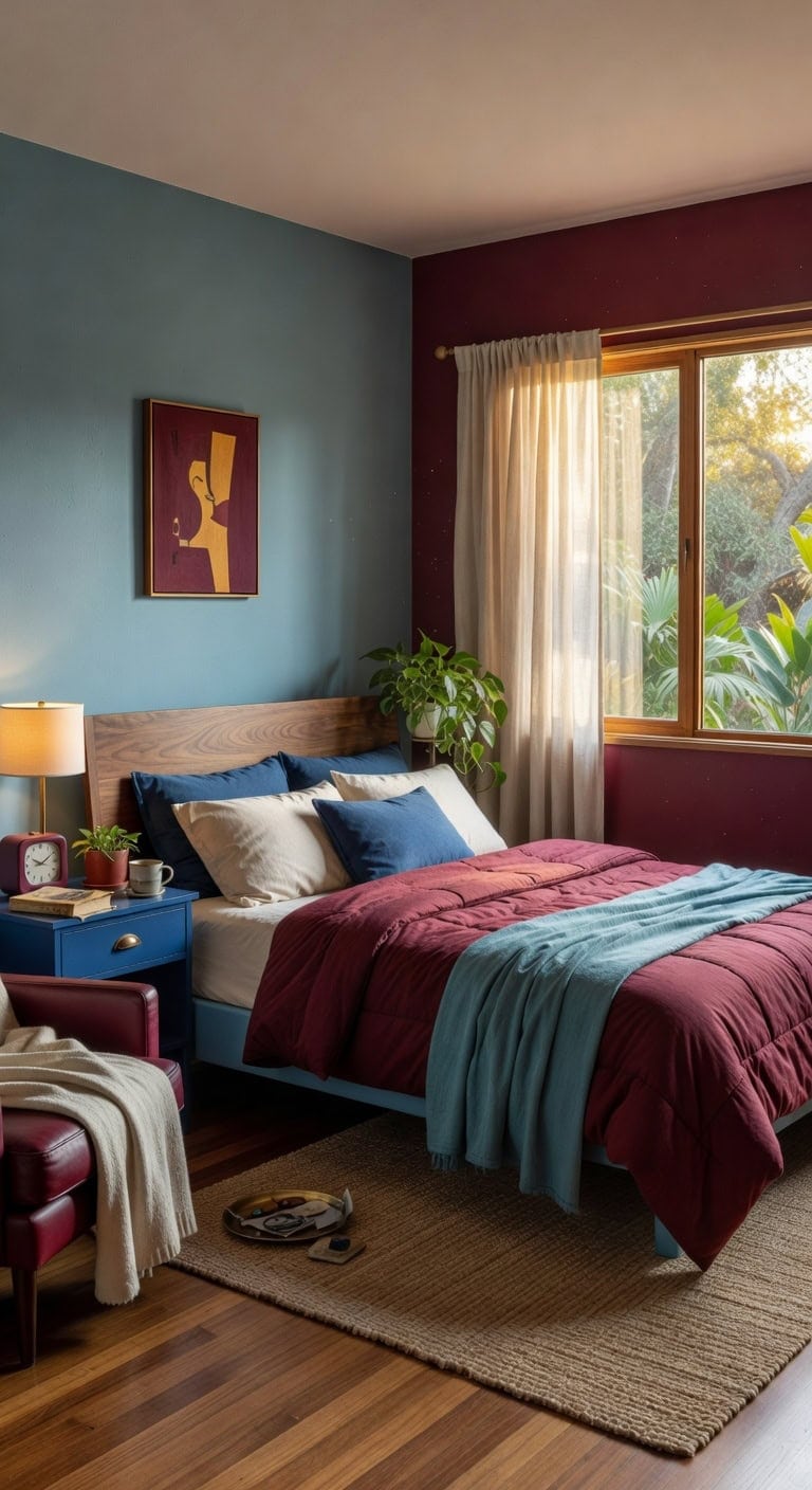 mid century blue burgundy retreat