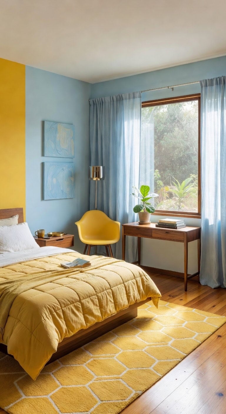 mid century light blue yellow bedroom