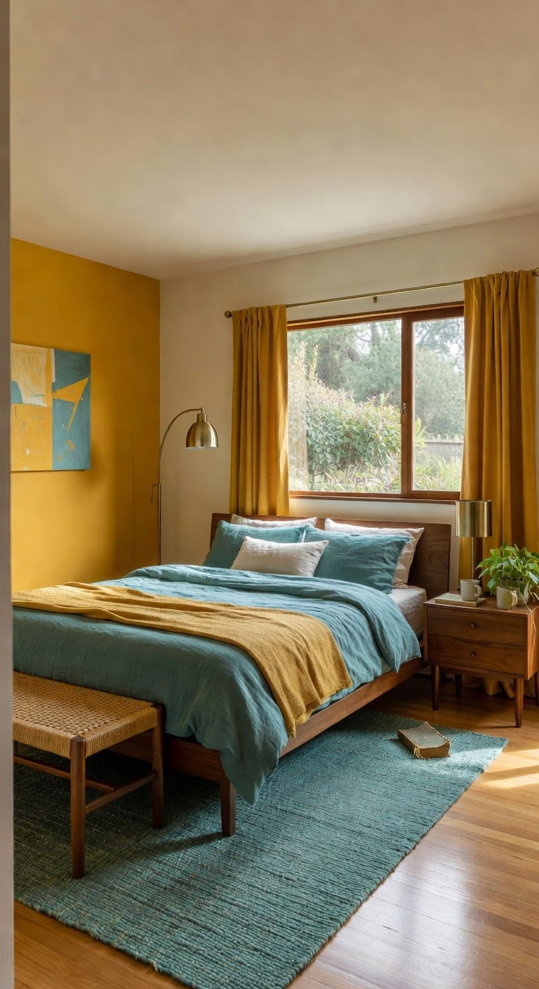 mid century mustard teal bedroom