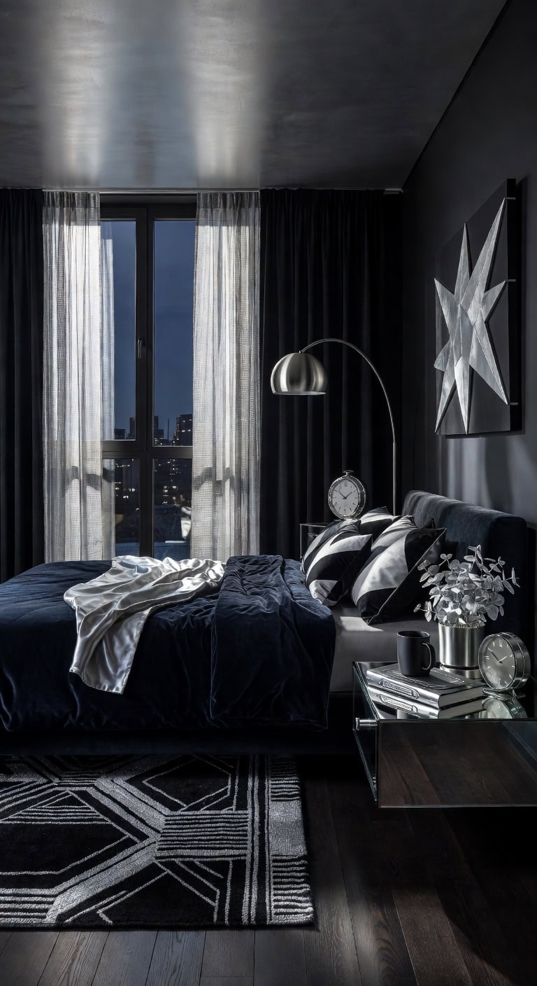 midnight black retro futuristic bedroom