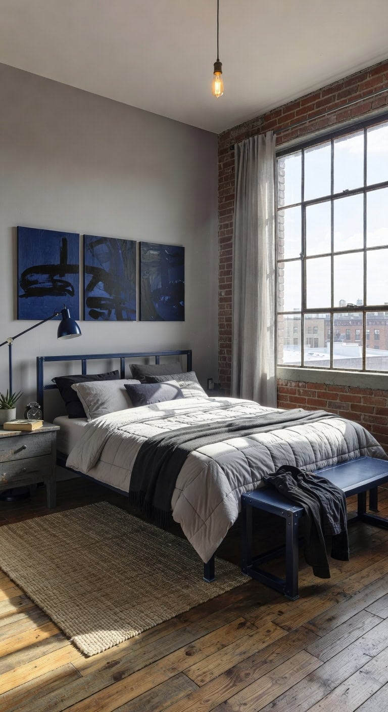 midnight blue industrial loft bedroom
