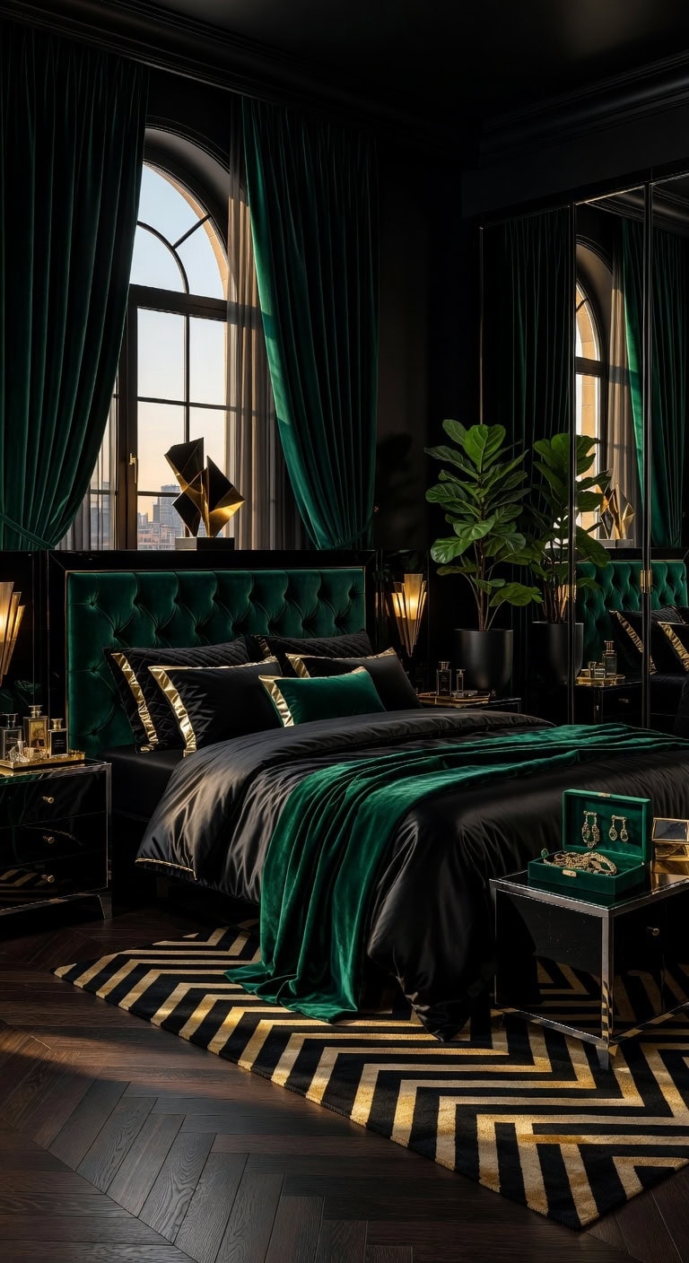 midnight emerald art deco bedroom
