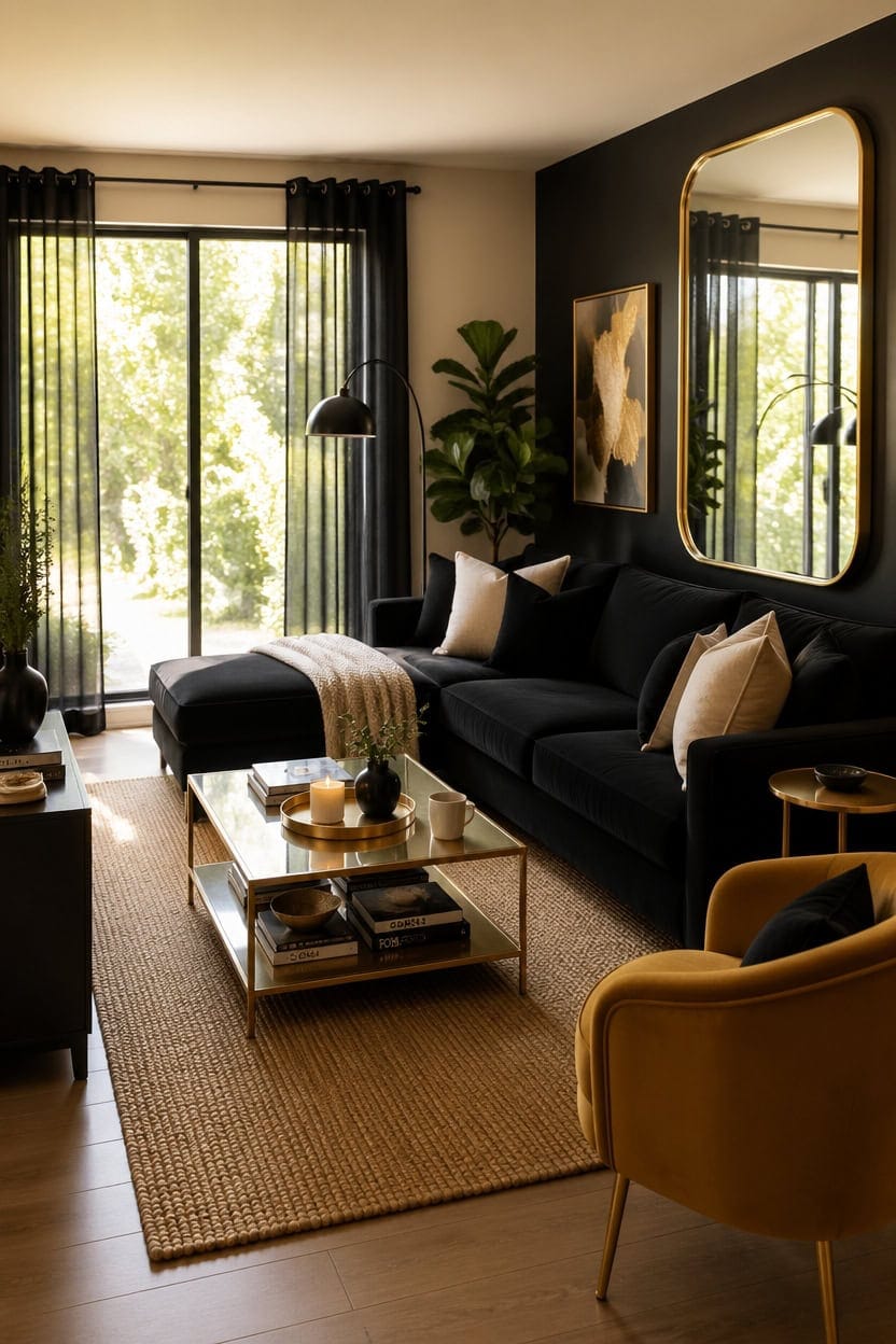 mirrored gold black living