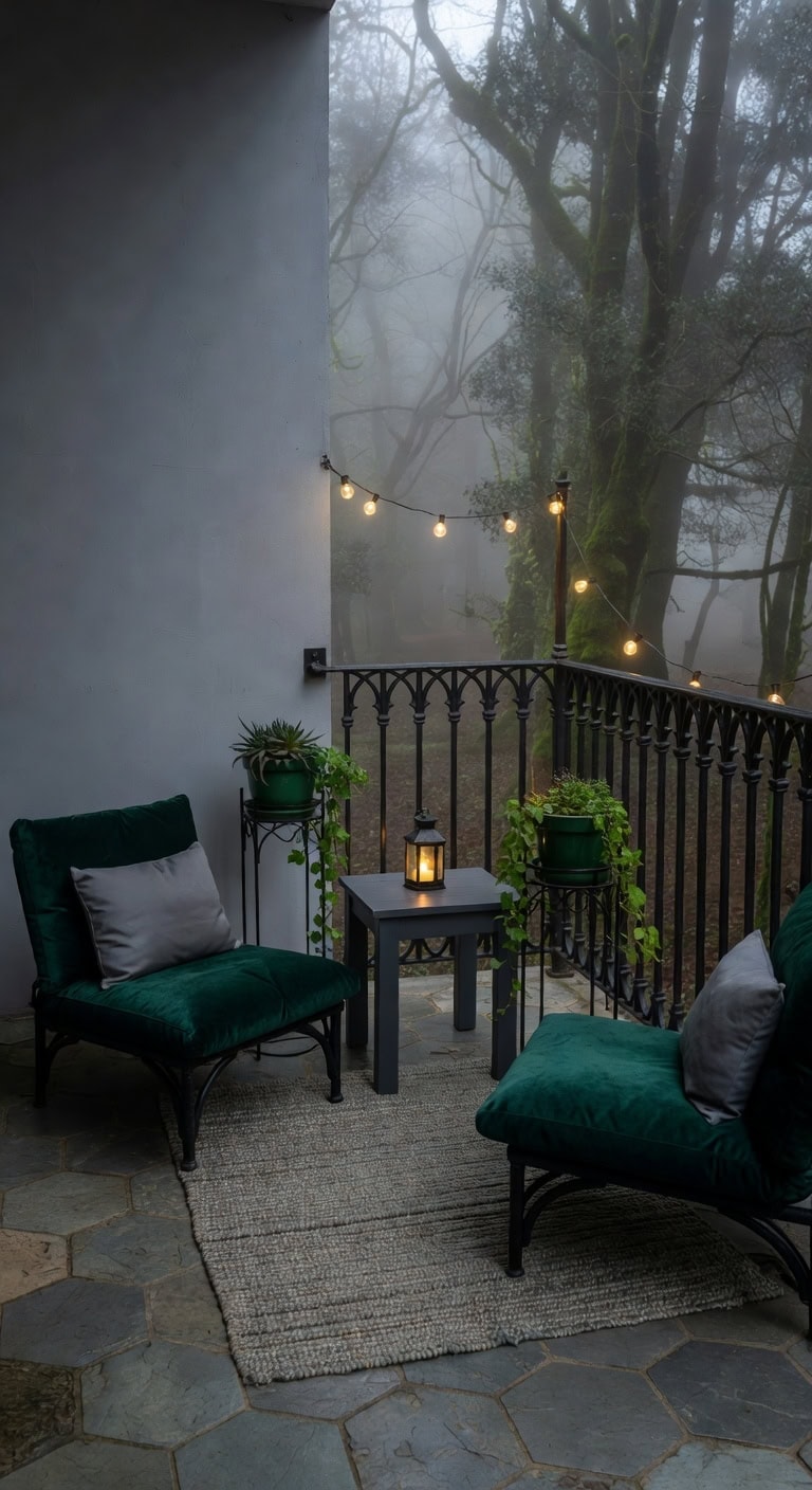 misty gray emerald gothic balcony