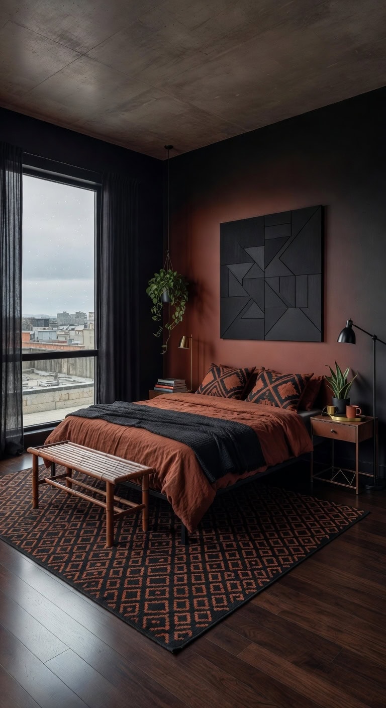 modern zen black rust bedroom