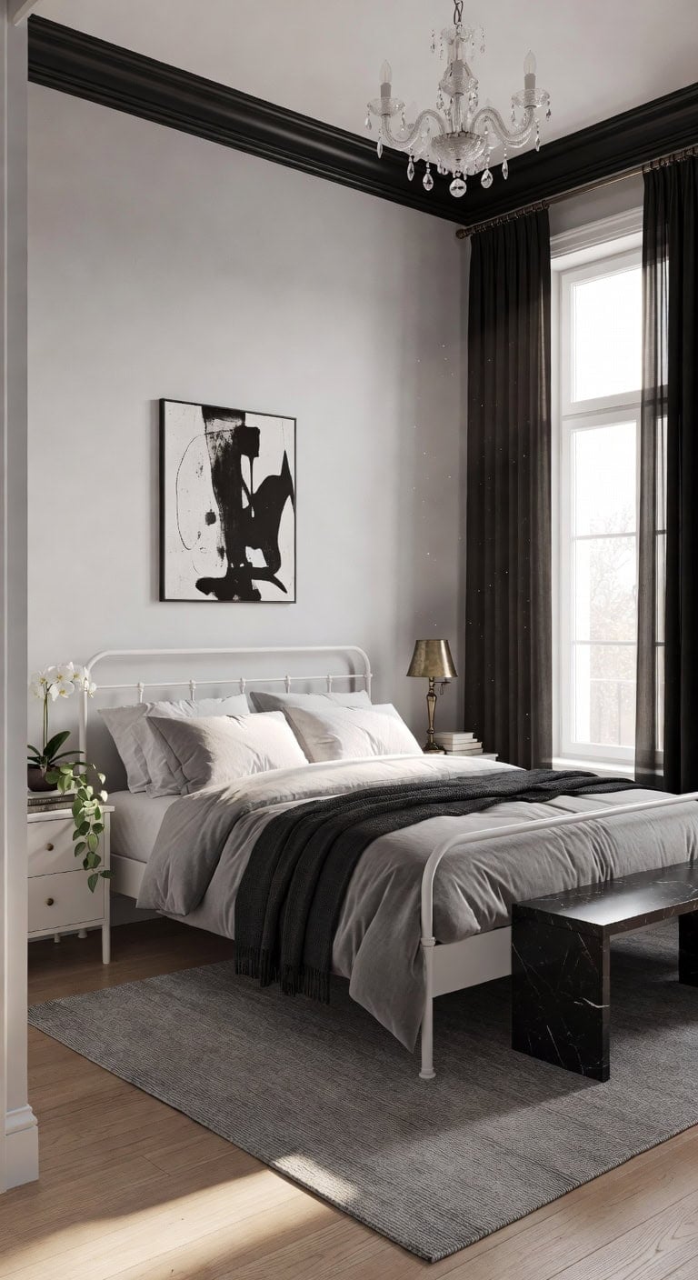monochrome crown molded bedroom