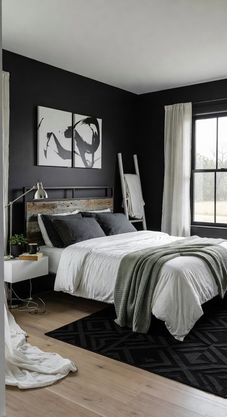 monochrome modern farmhouse bedroom