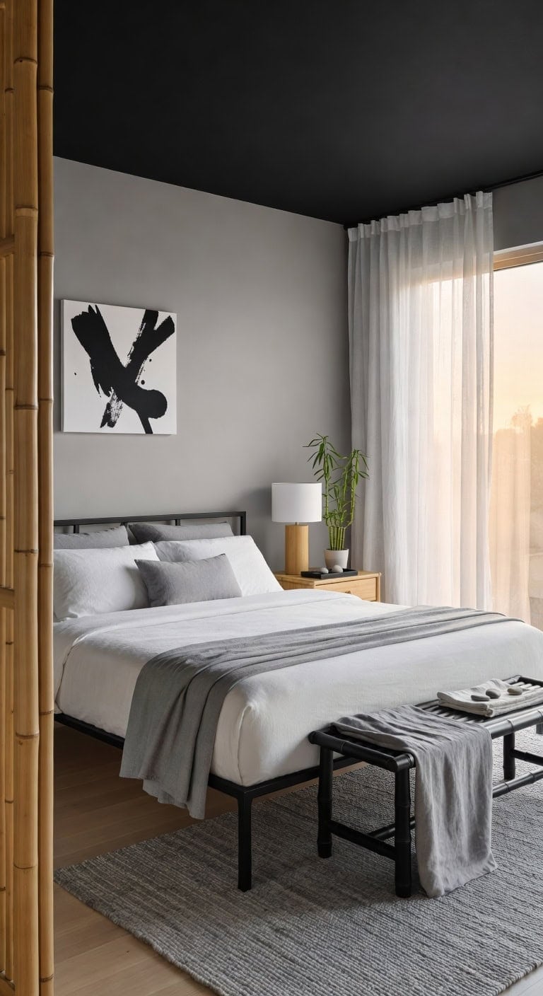 monochrome zen bamboo bedroom