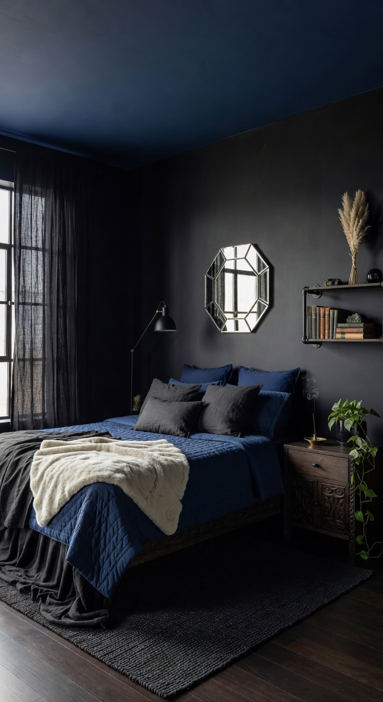 moody black midnight boho bedroom