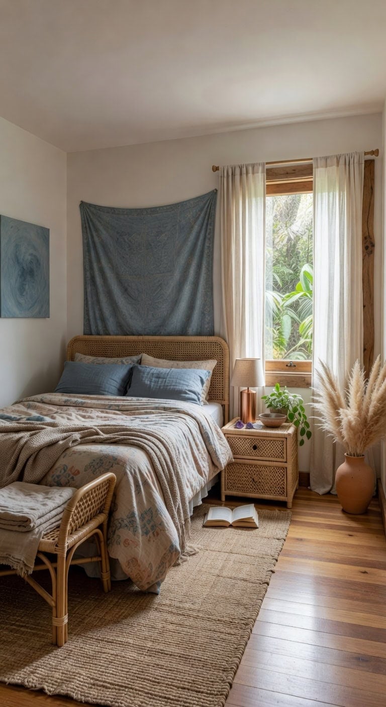 muted blue boho bedroom