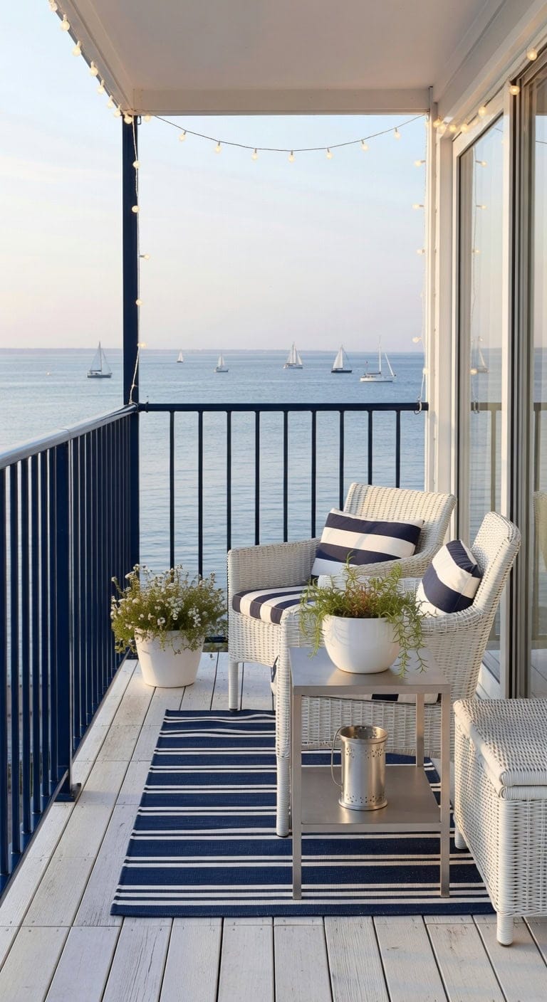 navy and white coastal balcony