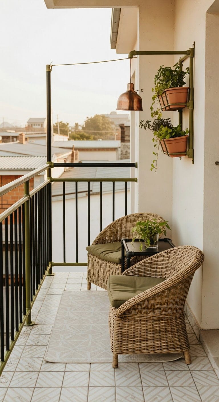 olive accented industrial cozy balcony
