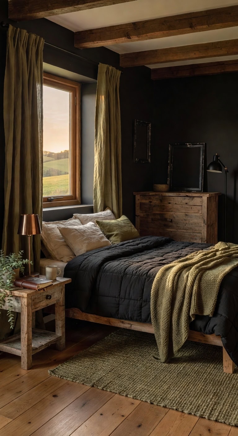 olive green rustic farmhouse bedroom