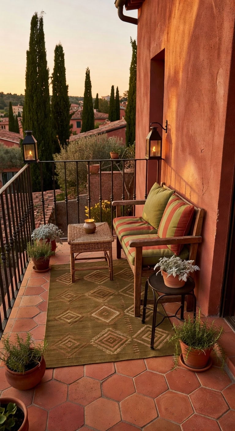 olive green terracotta balcony retreat