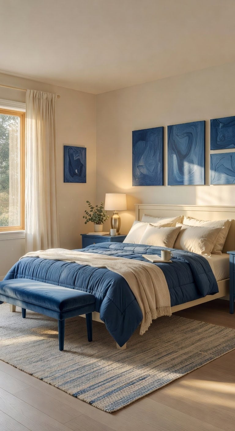 painterly blue cream bedroom