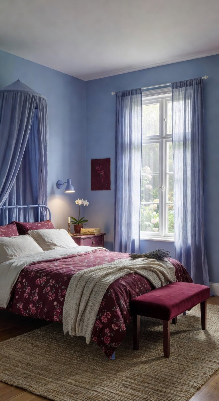 periwinkle canopy burgundy bedding