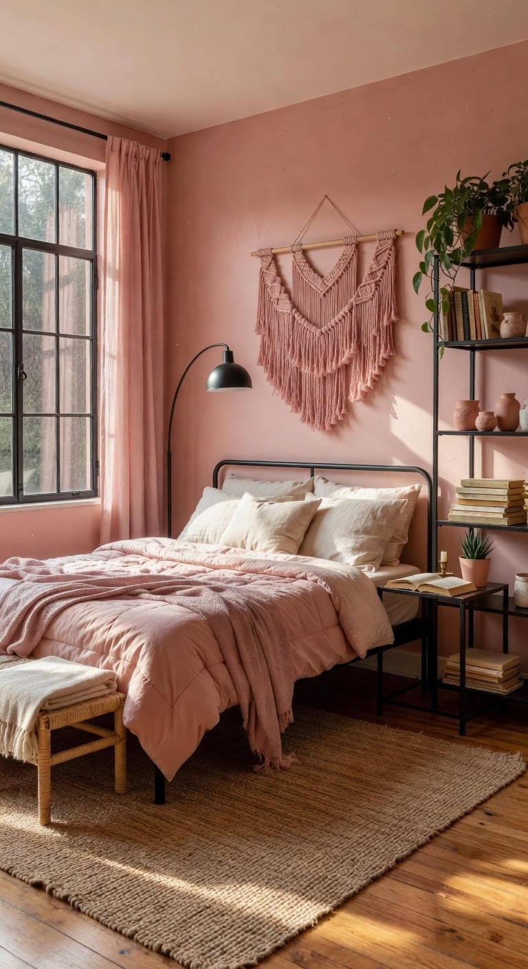 pink macram boho bedroom