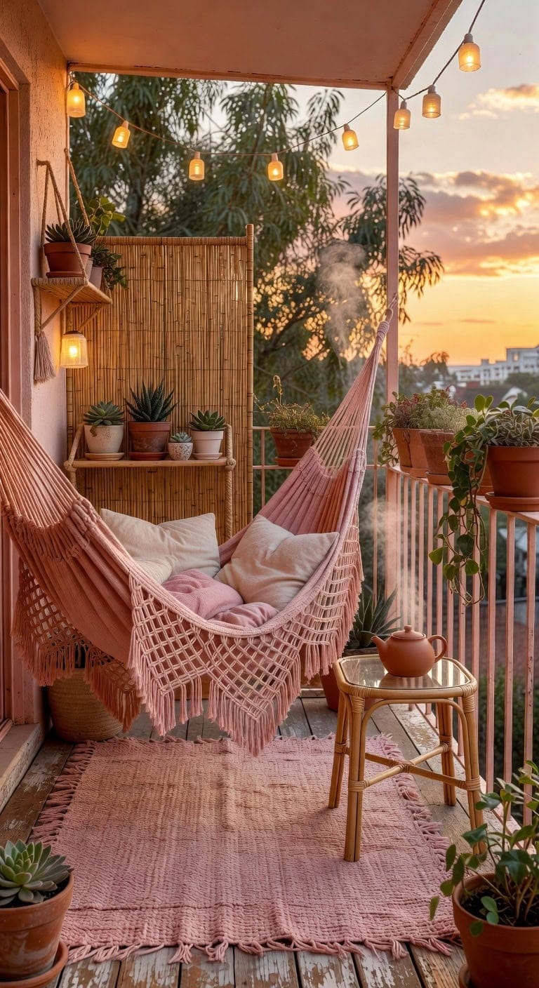 pink macram hammock balcony retreat