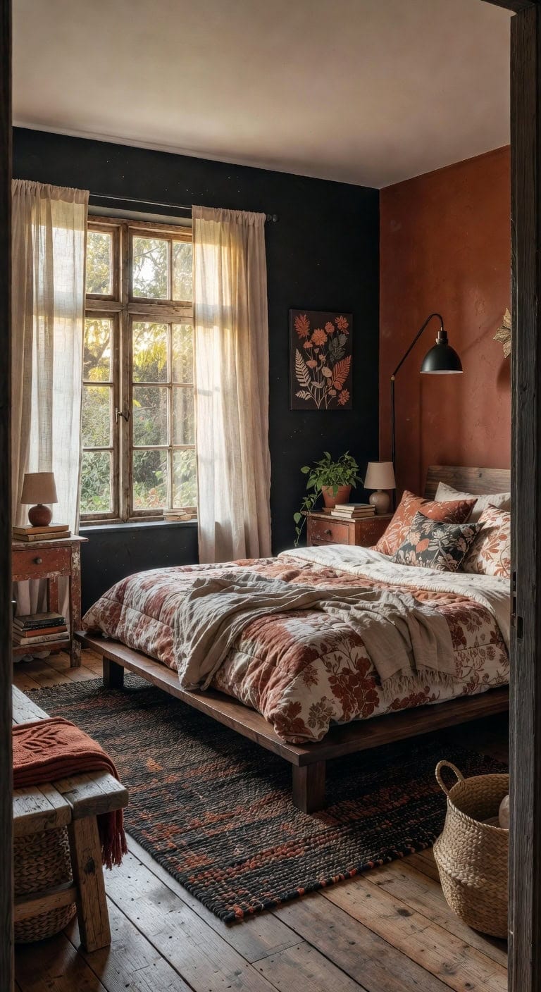 playful black rust cottage bedroom