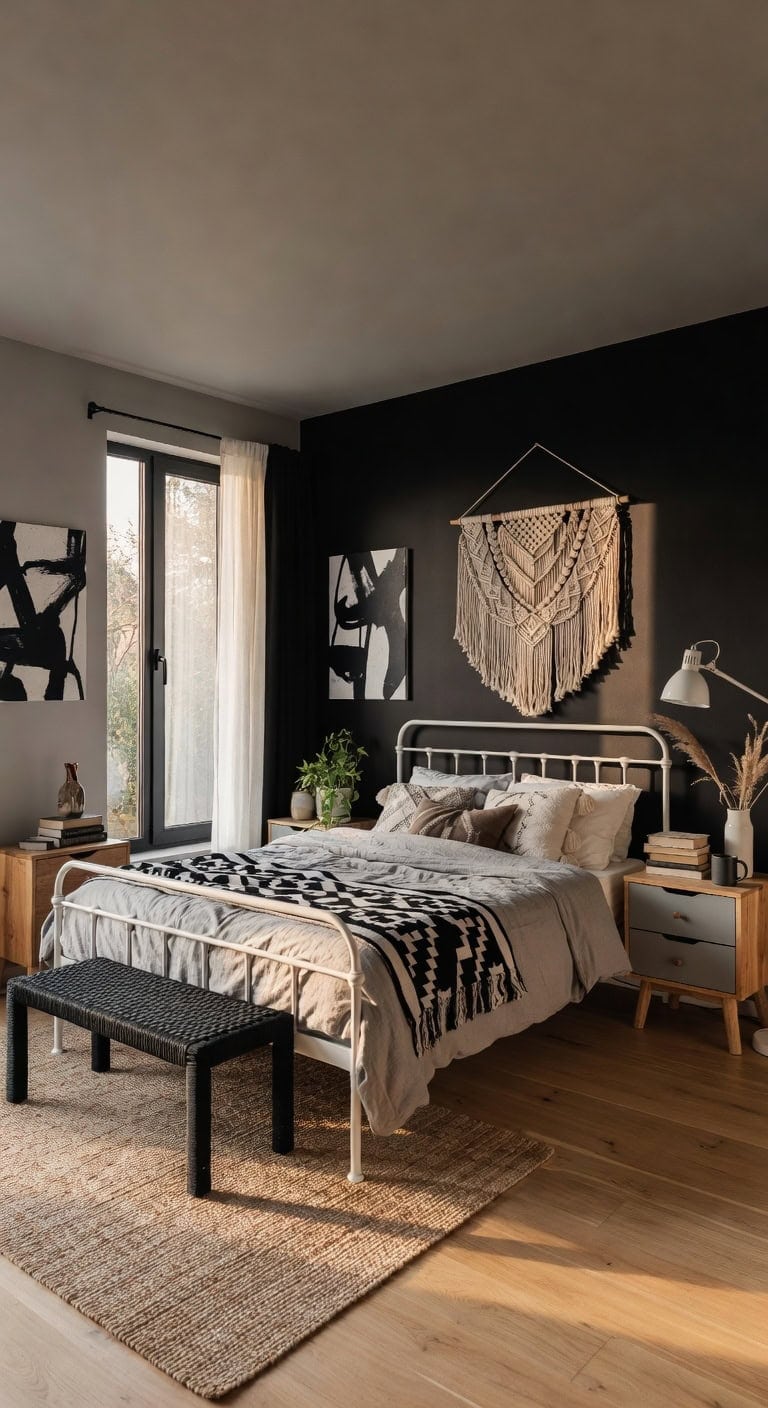 playful black white boho bedroom