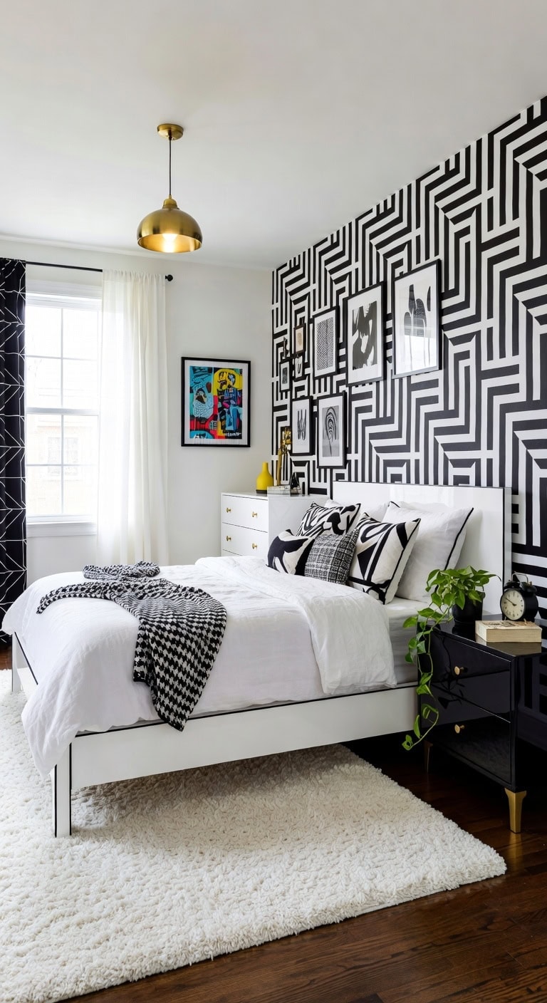 playful black white retro pop bedroom